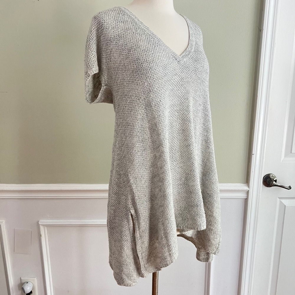 Eileen Fisher Tunic Sweater Womens M Linen Blend V-Neck Short Sleeve Gray Boho - Picture 5 of 13